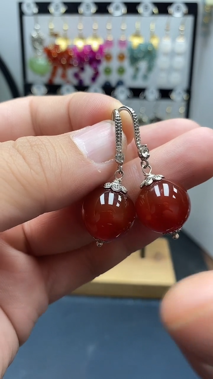 银S925镶嵌南红玛瑙耳饰尺寸16mmW4