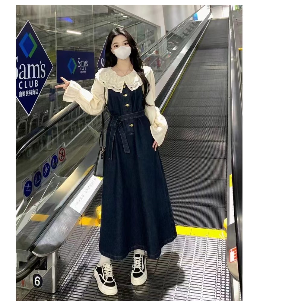 胖mm春秋法式气质显瘦复古chic背带牛仔裙+娃娃领衬衫两件套女