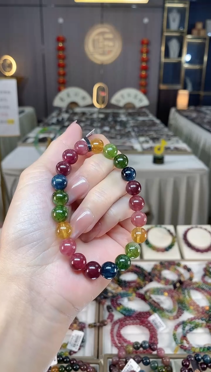 未镶嵌冰透体老矿碧玺彩虹单圈手串9mm+碧玺hon多样性发一条