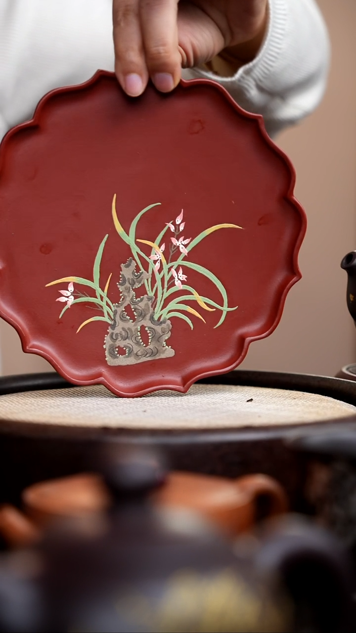 茶壶紫砂朱泥花边兰花壶承