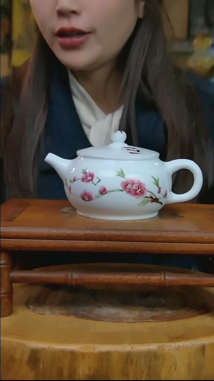 摆件陶水点桃花平盖大茶壶