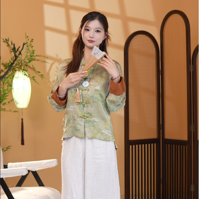 2025新款印花宽松型立领九分袖衬衫禅意女装茶服外套夏季