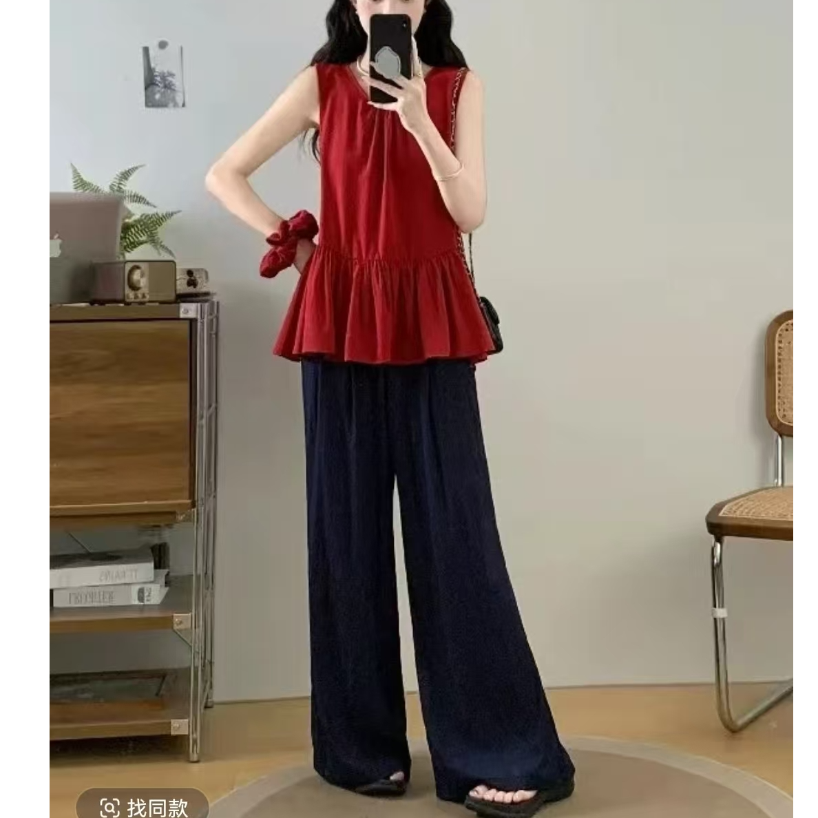 2020（衣长60裤长92）韩系简约花苞无袖上衣阔腿裤两件套