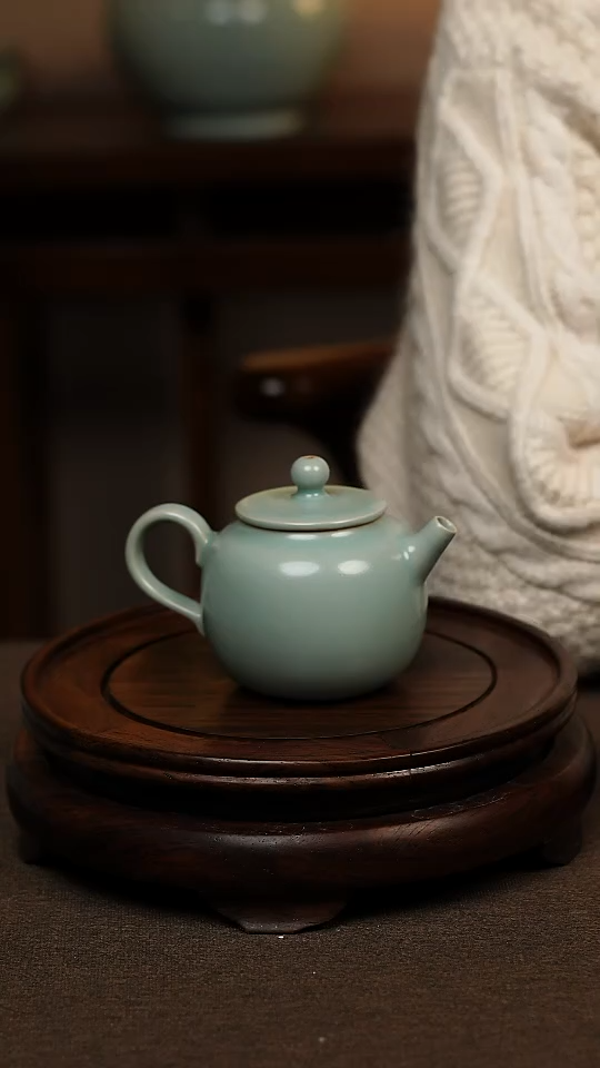 瓷片仿古天青全手工小苹果壶150ml 微瑕 不带礼盒