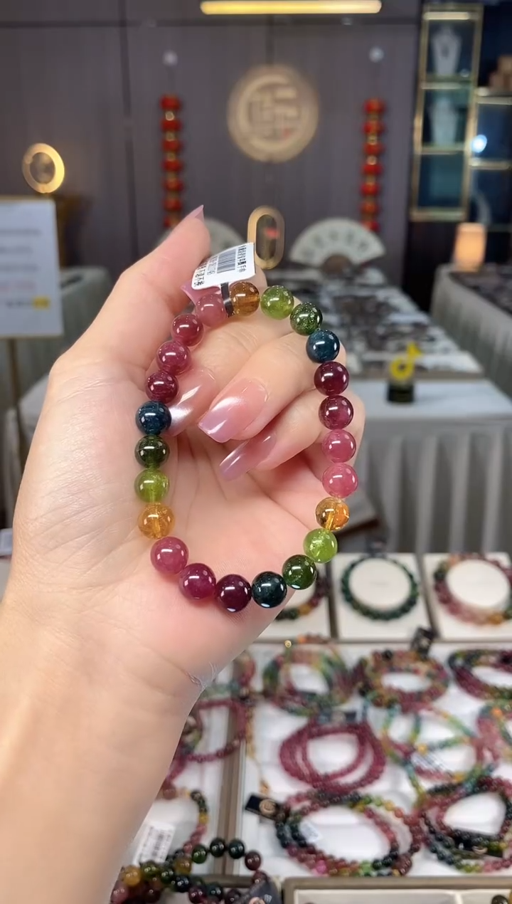 未镶嵌冰透体老矿碧玺彩虹单圈手串8mm+碧玺多样性发货一条hon