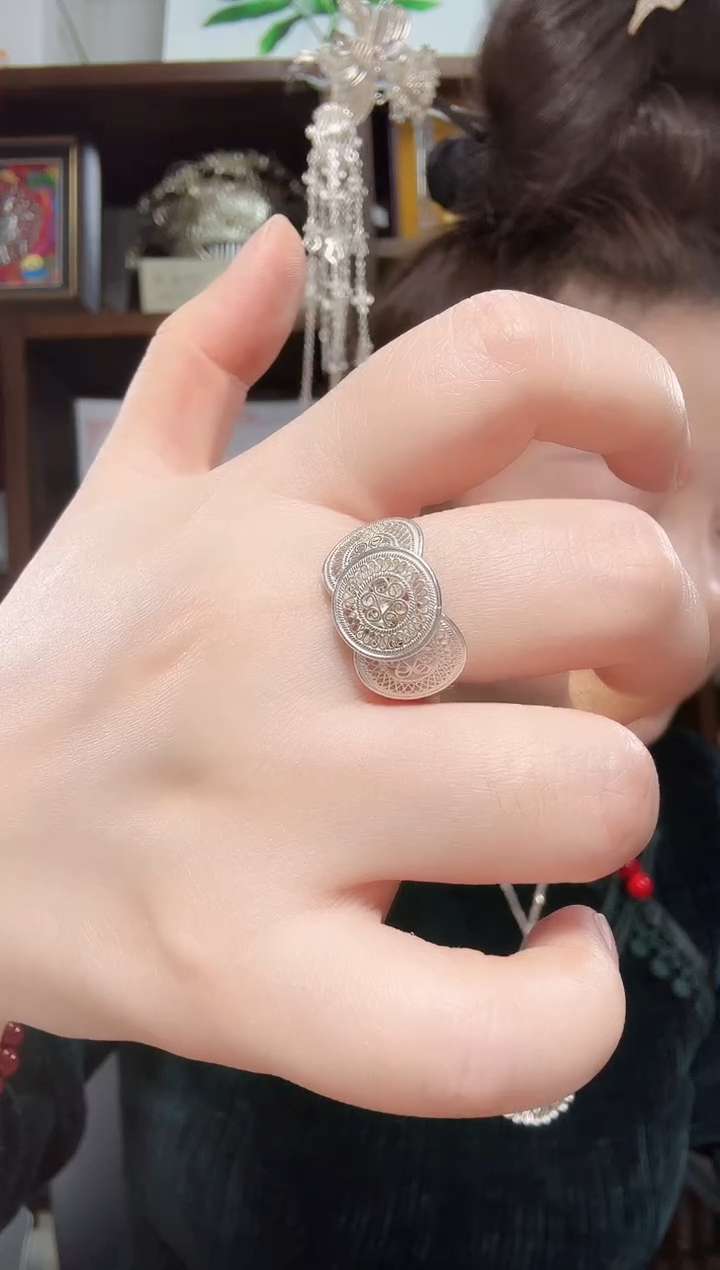 无足银花丝平安鼓戒指