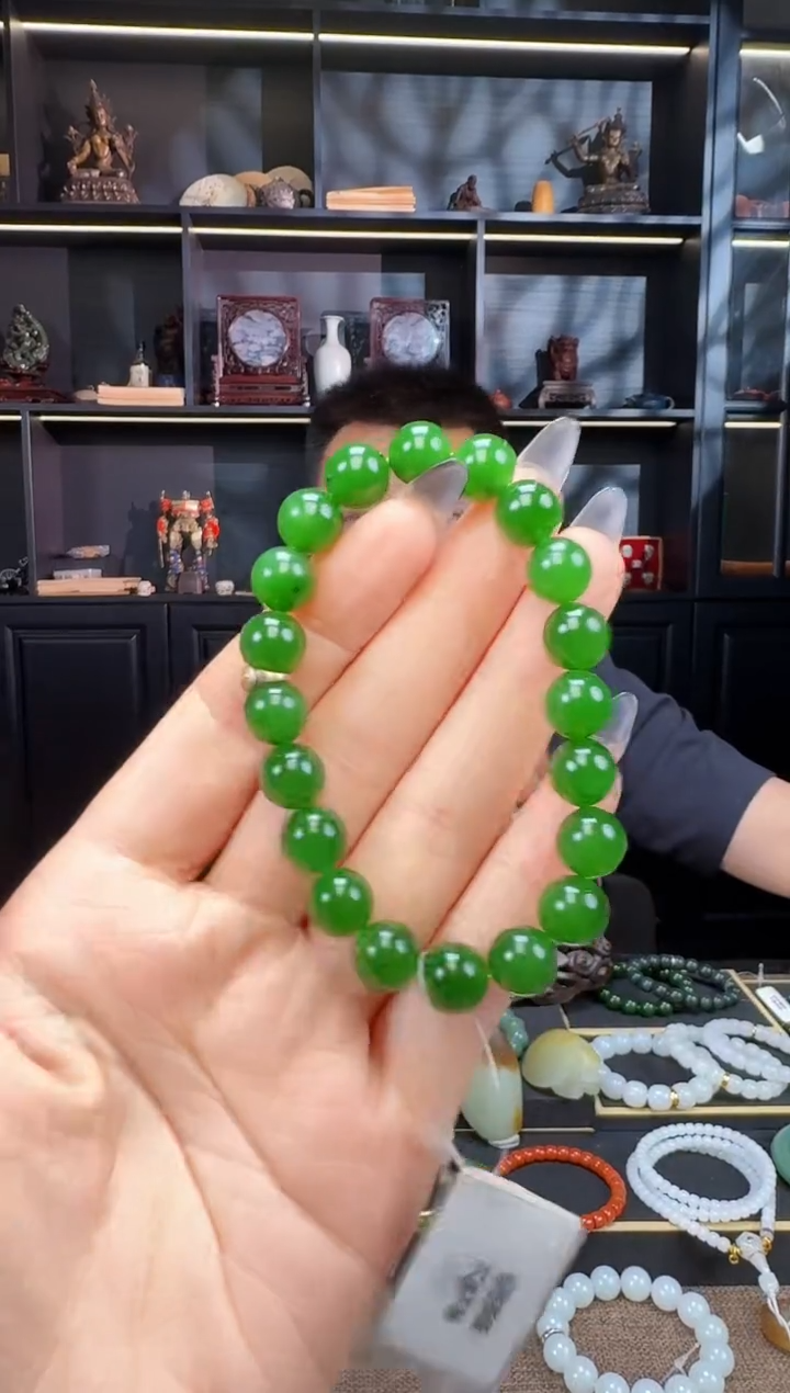 和田玉未镶嵌颈饰10mm碧玉圆珠手串