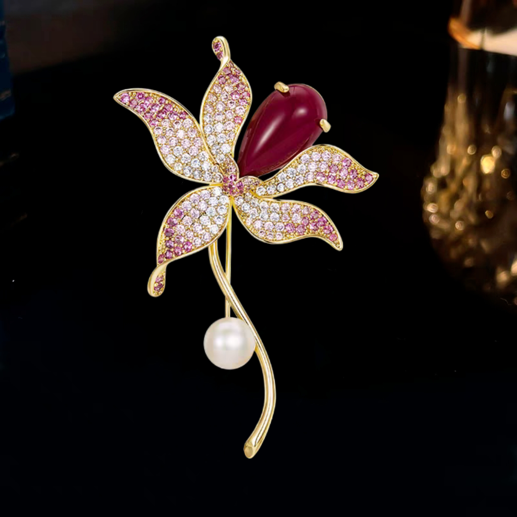 铜合成锆石胸针 高档品质郁金香胸针女精致花朵胸花生日礼物别针