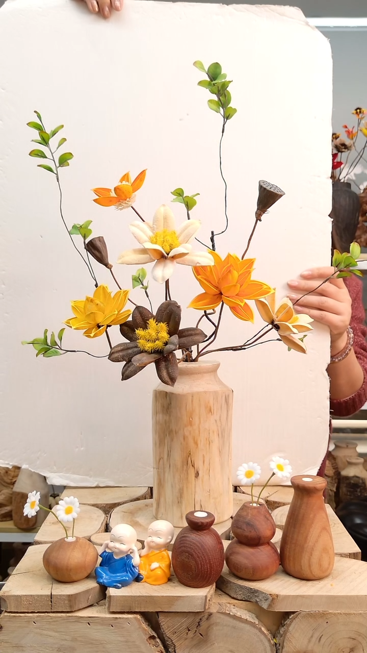 木实木花瓶连花带瓶一套