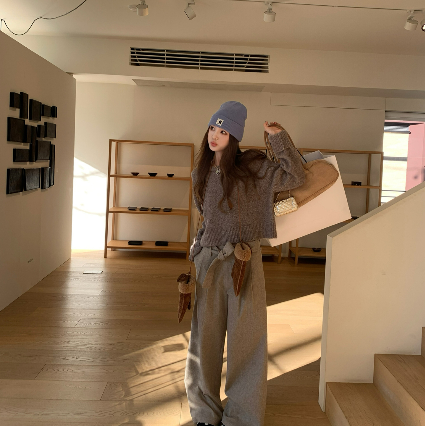 aaaaxbbb 老派榛子茶 设计感羊毛呢西装裤系带高腰显瘦拖地长裤女