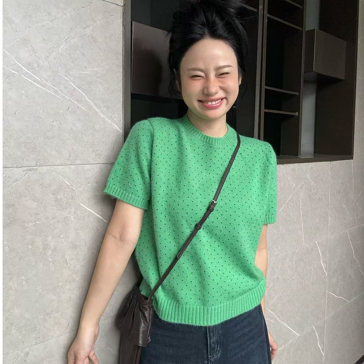 Ora design【绿莹】春秋短袖法式常规镂空慵懒风圆领毛针织衫9838