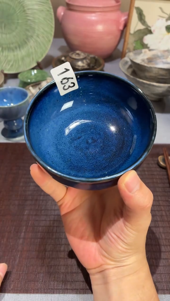 瓷片叶*海163 霁蓝高足小碗2个