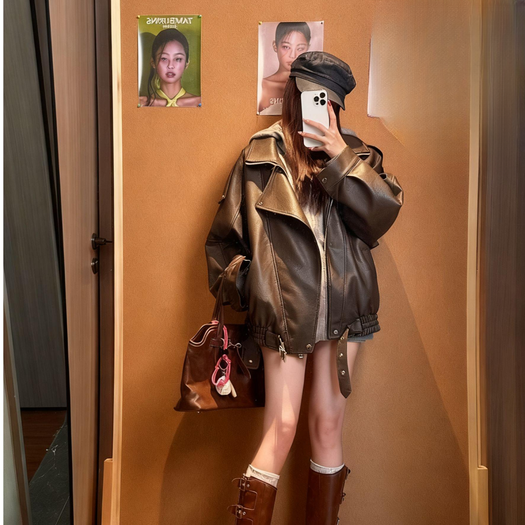 美式复古港风双层领男友风皮衣女秋季新款休闲机车服加绒加厚