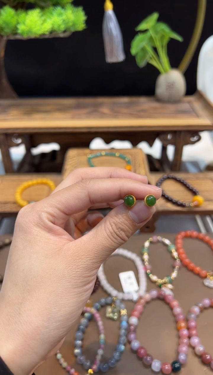 【闪购商品】和田玉耳钉银S925镀金镶嵌耳钉@@