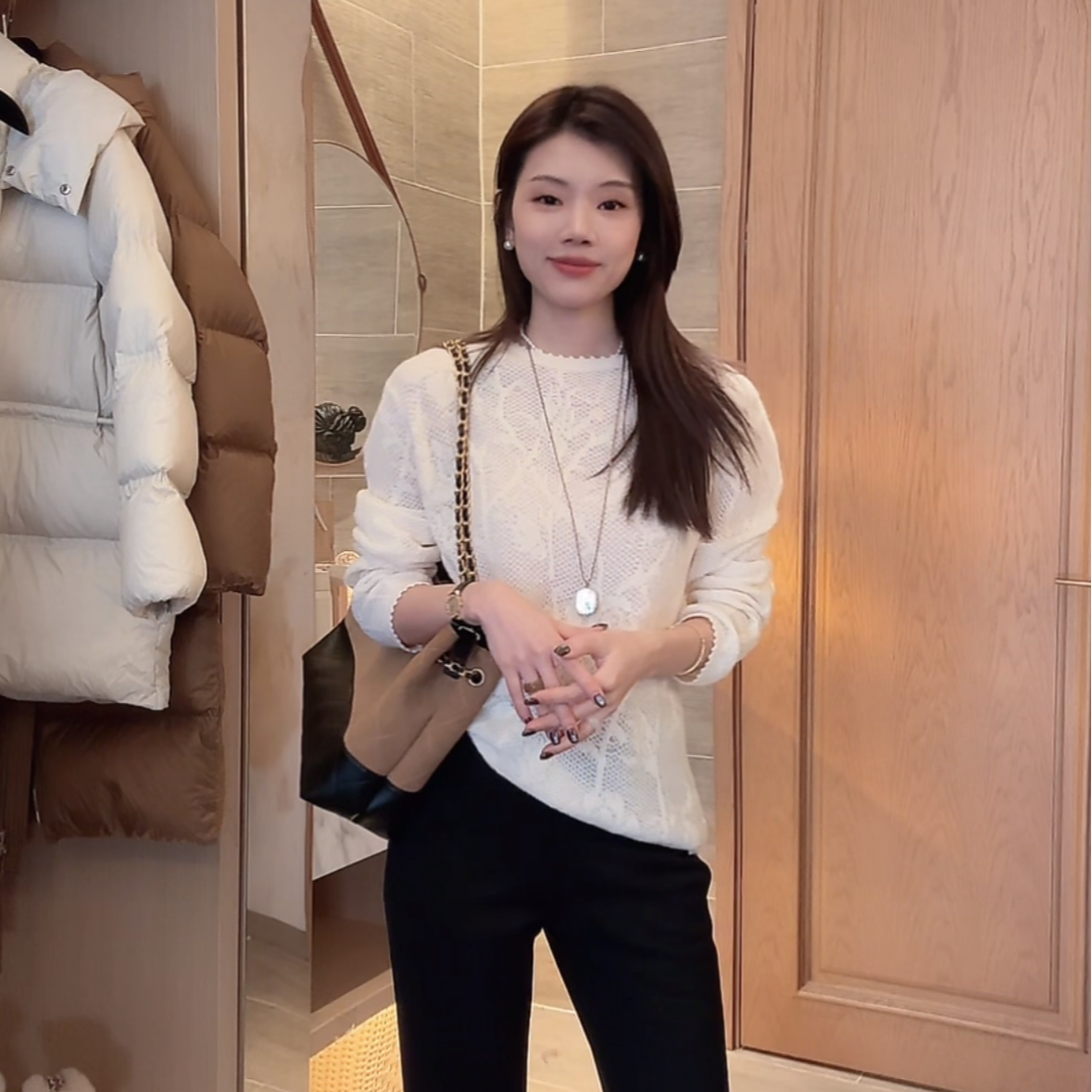 【暖玉生辉】·绵羊毛圆领针织长袖衫镂空套头针织衫