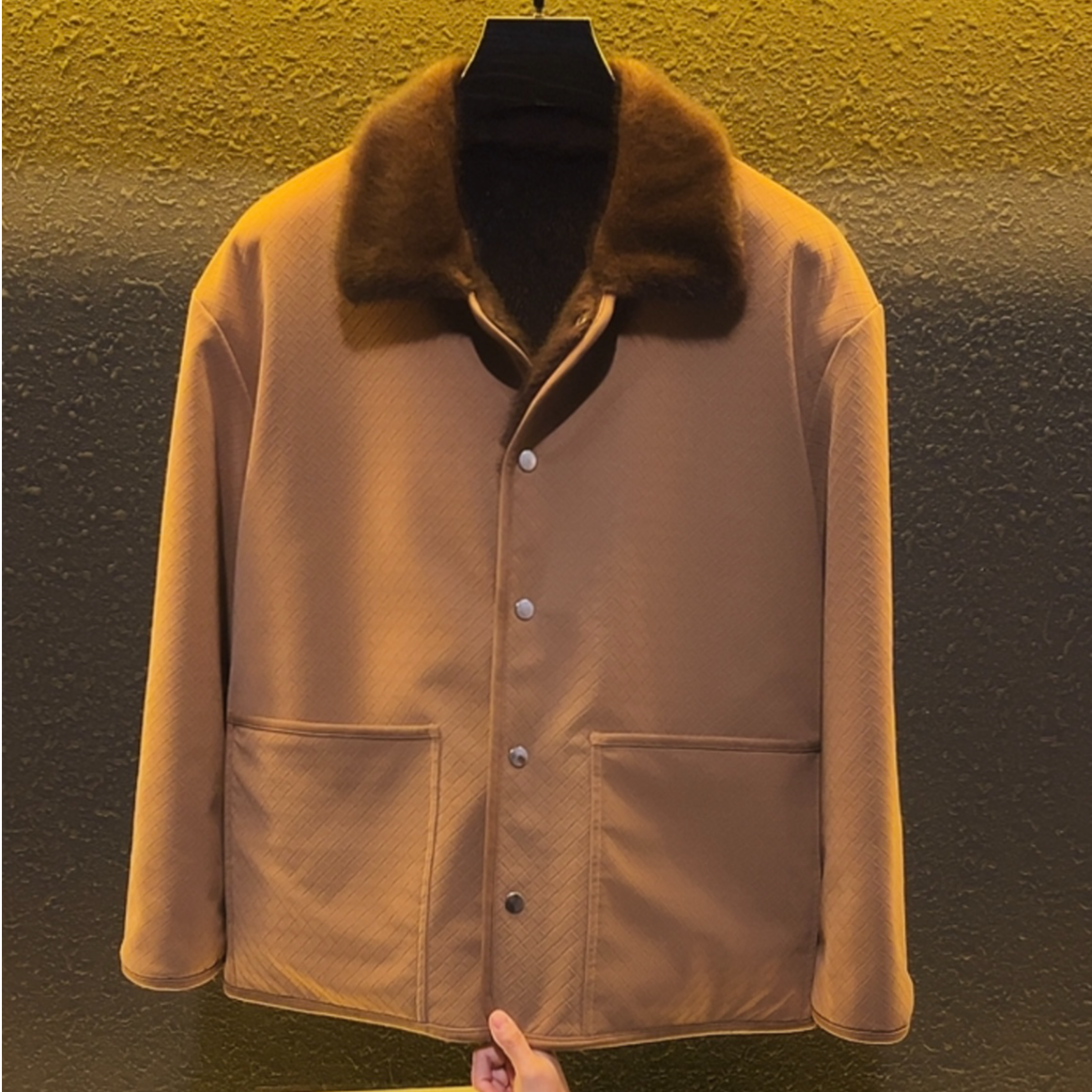 《进口定制编织纹皮》加厚水貂皮革男装外套