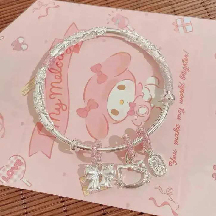 足银手镯 繁花似锦Kitty猫纯银手镯女手工编织999足银镯子送女友