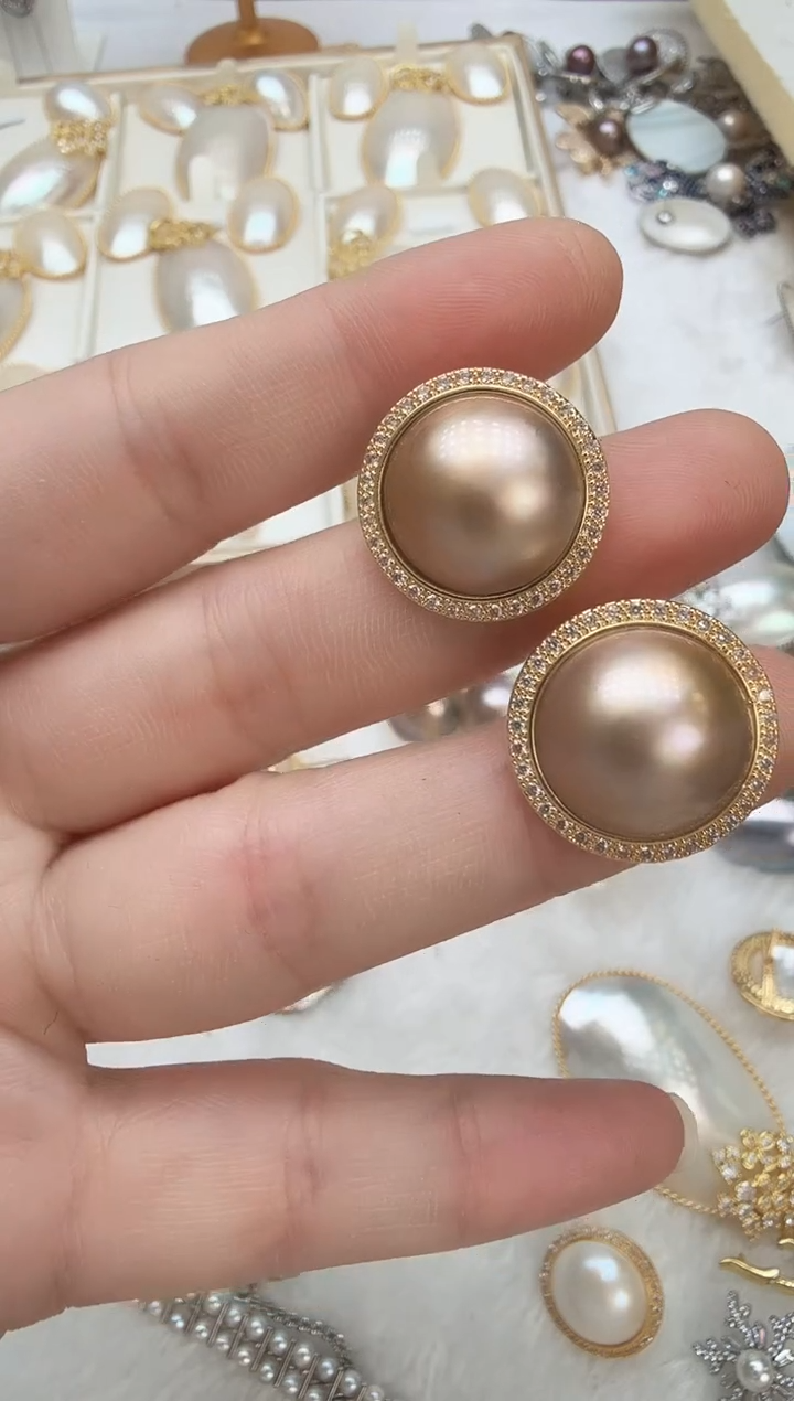 耳饰拼合珍珠（马贝珠）未镶嵌太阳花洒金色