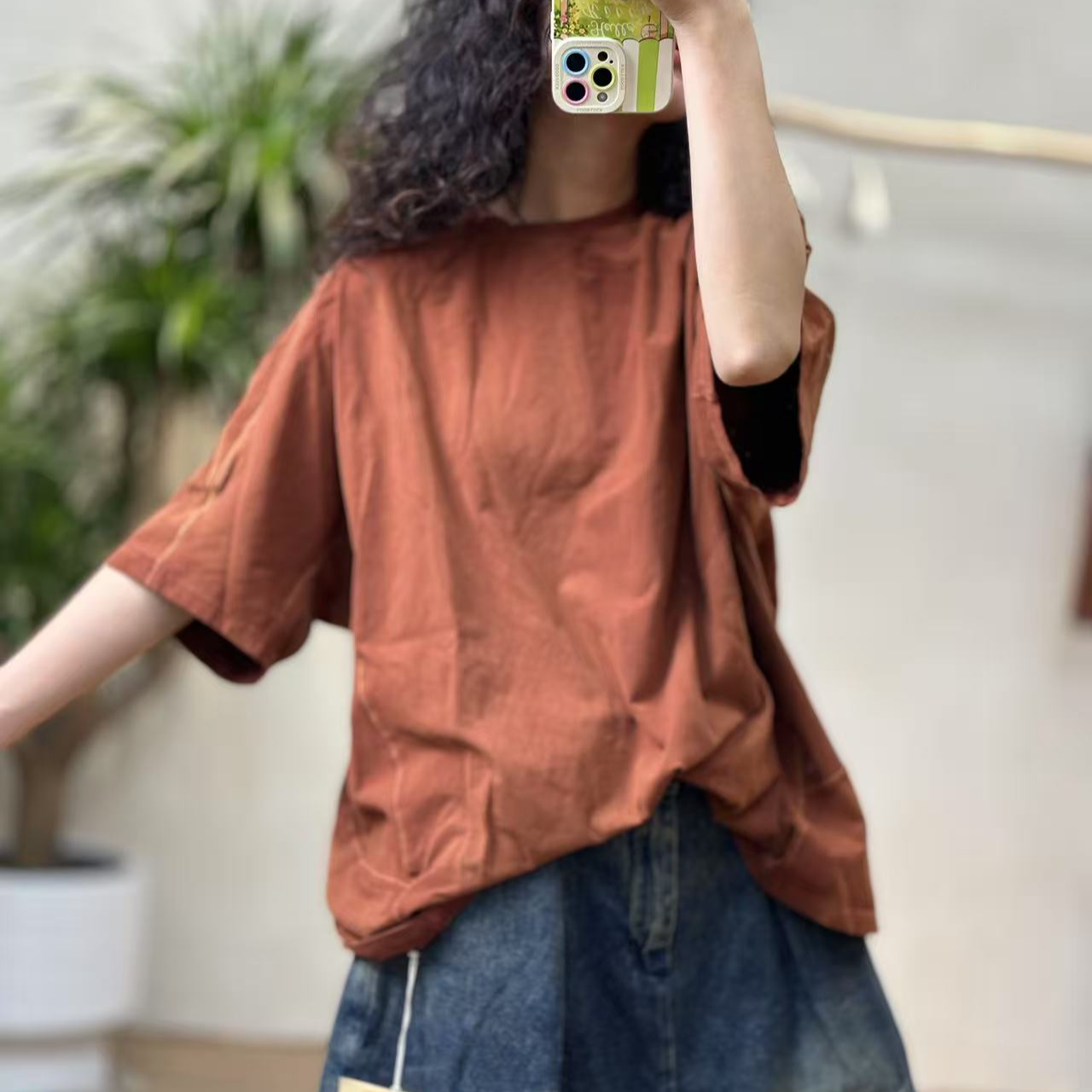 古蘭木3586夏季新款复古做旧炒色纯棉宽松文艺圆领怀旧短袖T恤