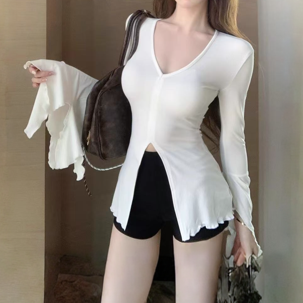 设计感美式辣妹喇叭袖V领百搭T恤女春秋季修身显瘦气质长袖上衣
