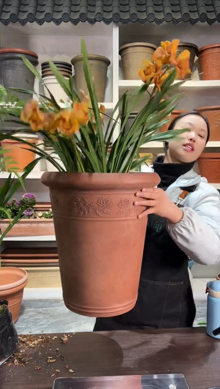 38*43/UK38/陶土色浮雕高花盆外贸尾单