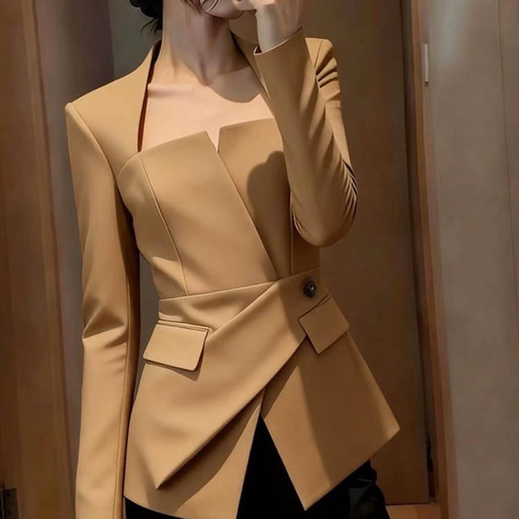 SS5110巨好看外套时髦洋气独特漂亮气质掐腰卡其色上衣喇叭裤套装