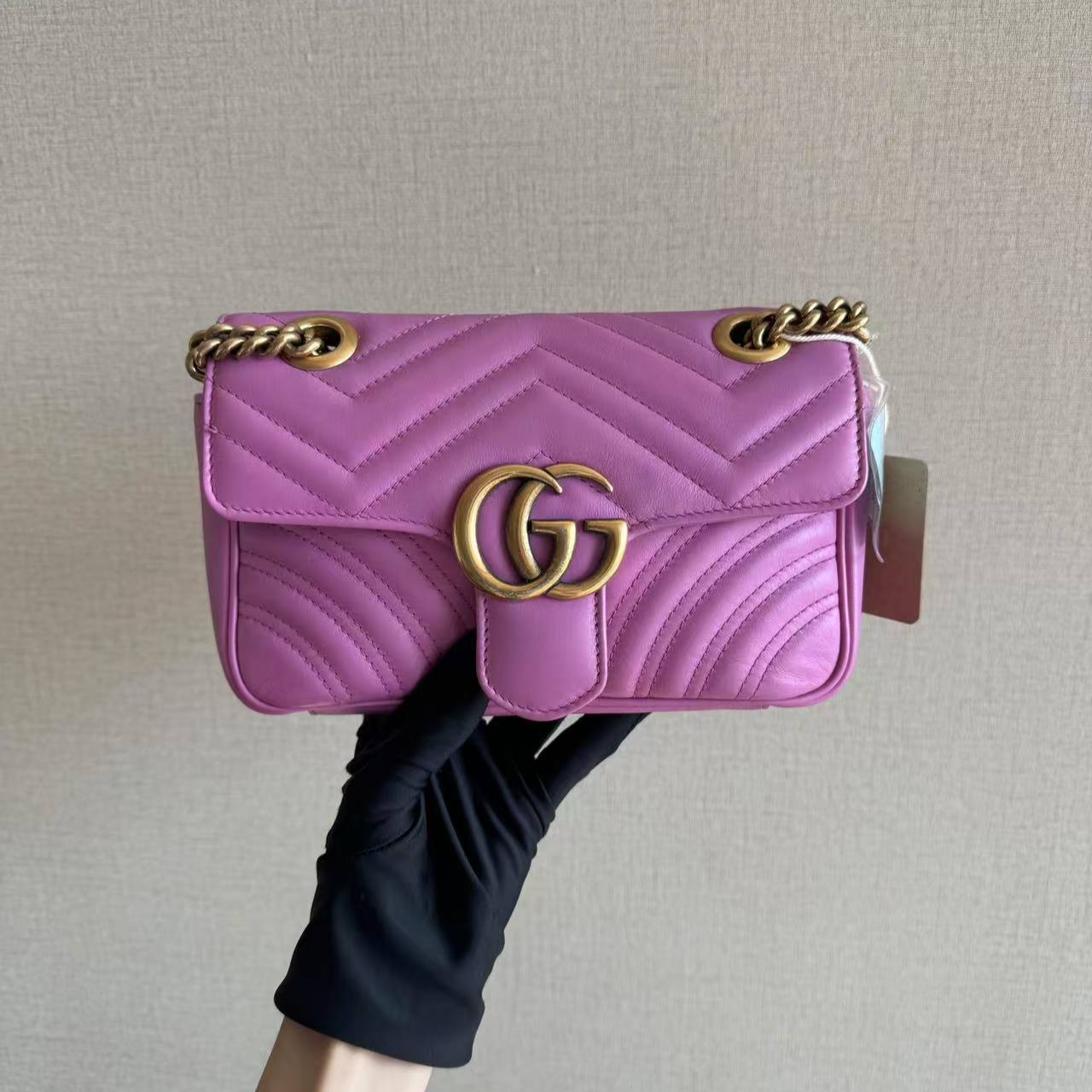 95新 GUCCI/古驰 粉色马蒙22链条包/云海优选/H02246