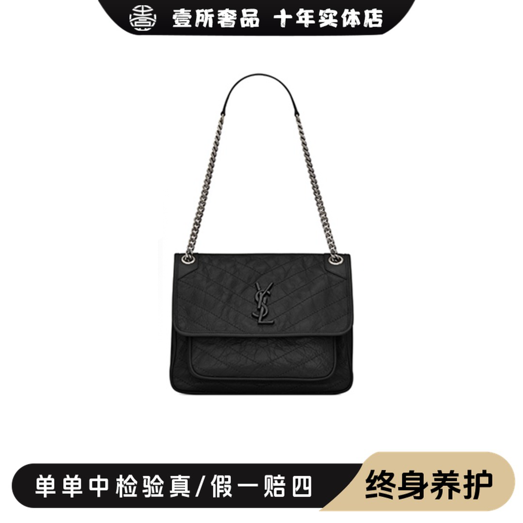 99新 YSL/圣罗兰 壹所奢品/新款/YSL油蜡黑银中号D扣Niki斜挎包