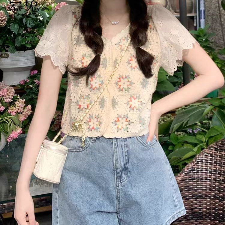 【1201-1300】2025新款显瘦百搭上衣休闲夏季小众牛仔时尚蕾丝短款