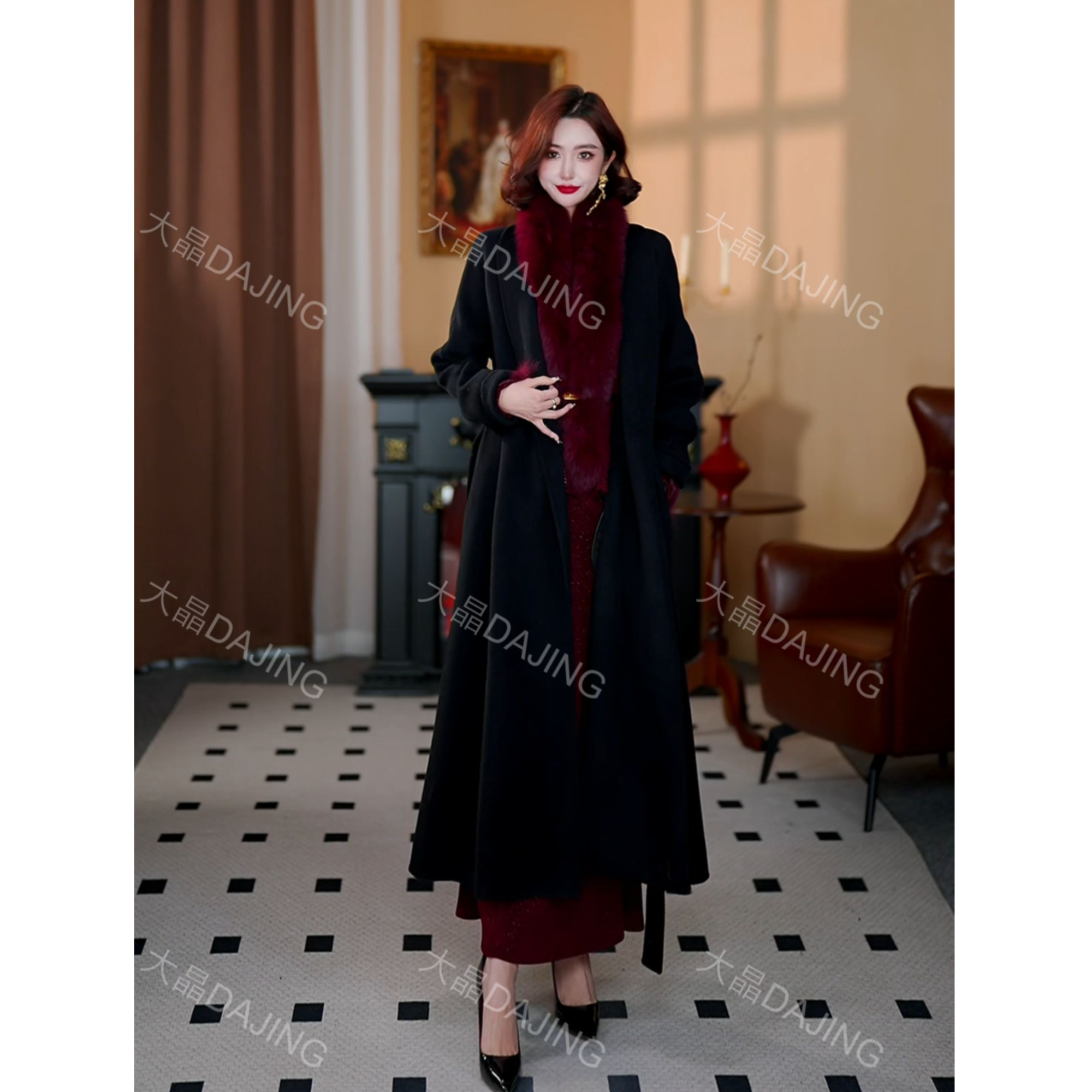 【大晶定制】“​静墨”冬季新款[山羊绒]羊绒黑色浴袍款气质长款外套