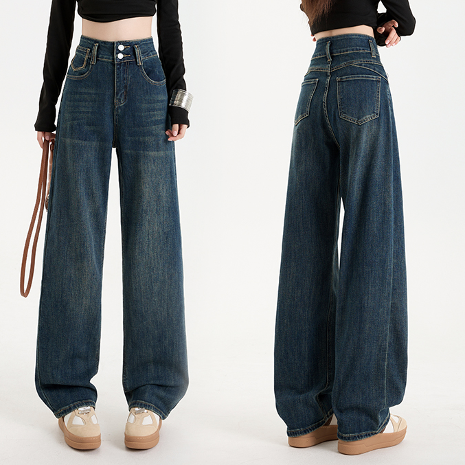 弹力高级感阔腿牛仔裤女爆款2025年新款直筒高腰显瘦宽松百搭早春