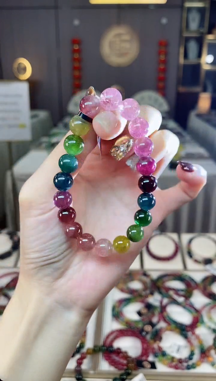 未镶嵌老矿碧玺色标彩虹单圈手串9mm+碧玺dan多样性发货一条