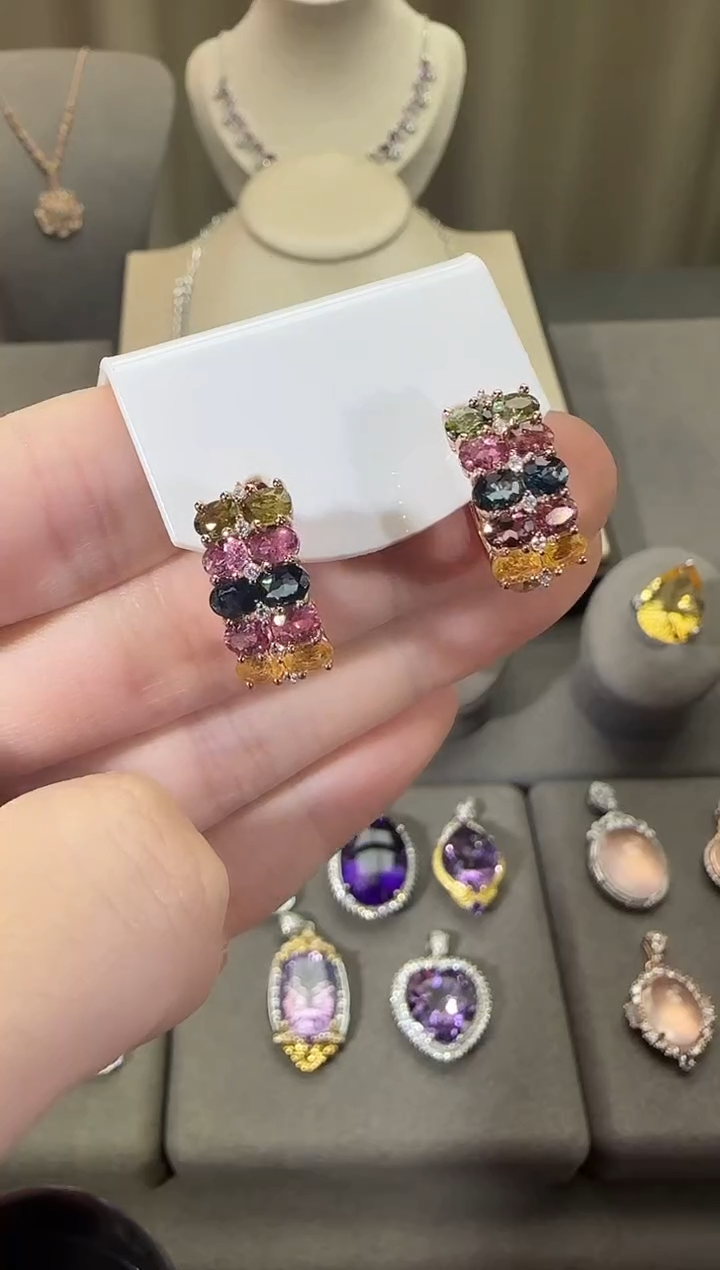 银S925镶嵌耳饰碧玺10mm耳扣设计款多样性发一