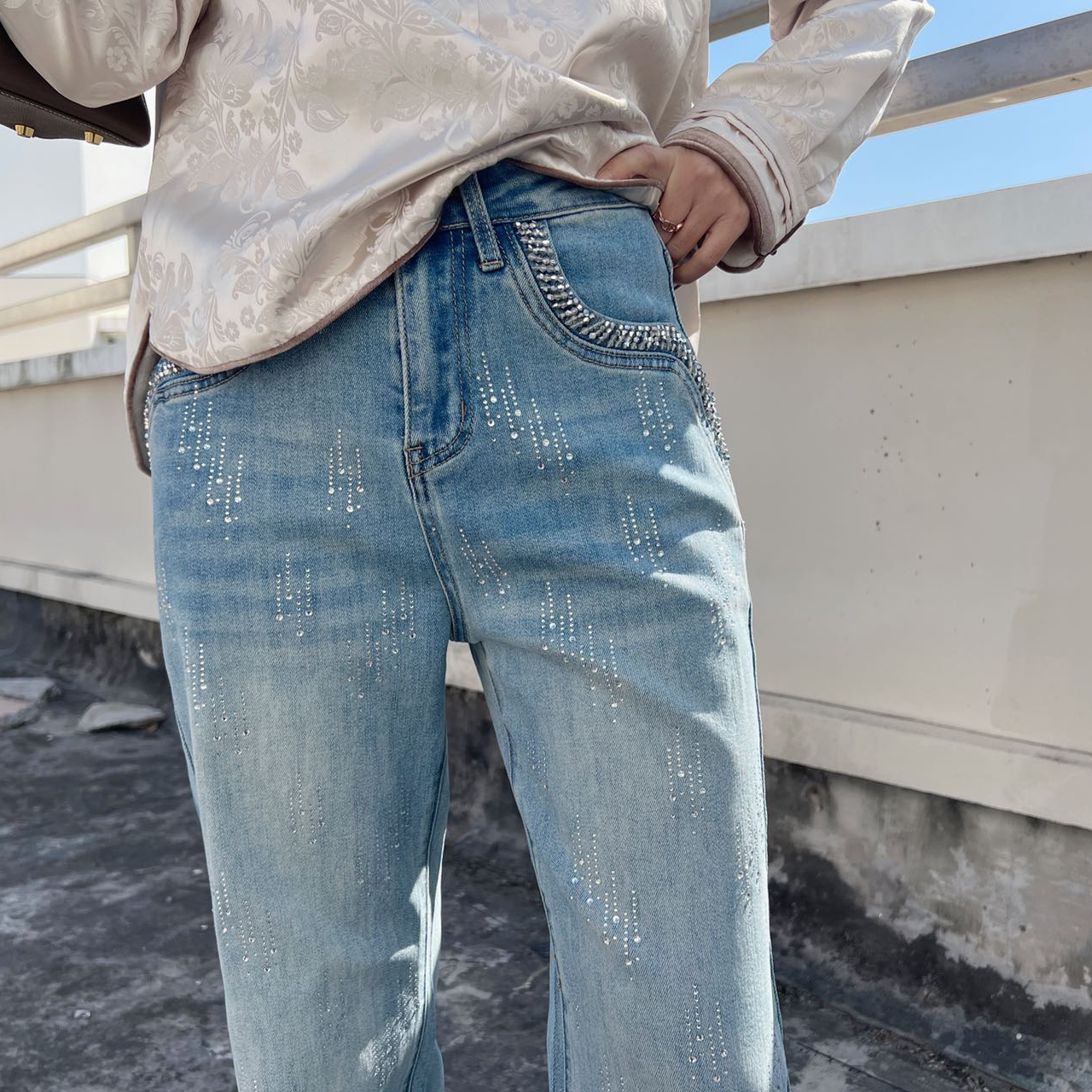 法式浪漫烫钻拖地牛仔裤 高腰显瘦百搭阔腿长裤