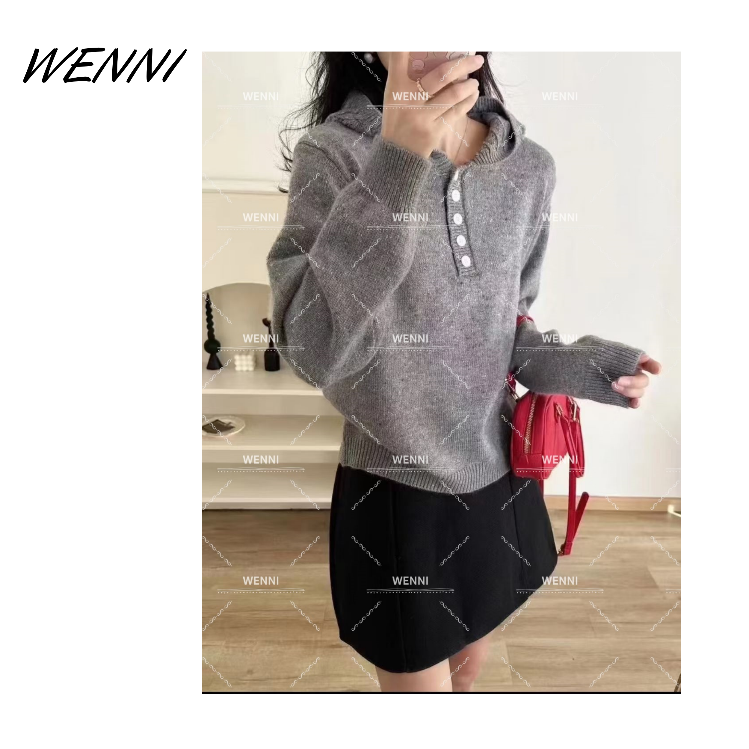 WENNI 【“在逃公主”花纱针织】时尚百搭毛衣女冬季镂空连帽针织衫
