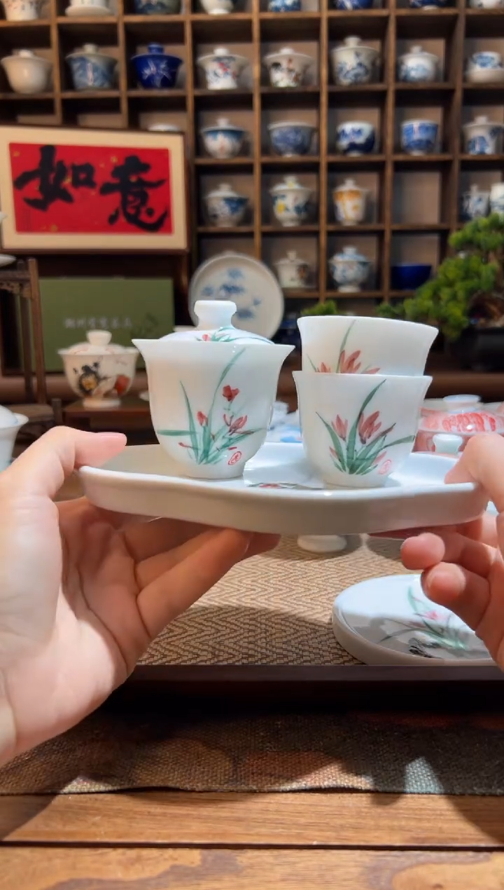 【闪购商品】五彩兰花盖碗+壶承+2个杯