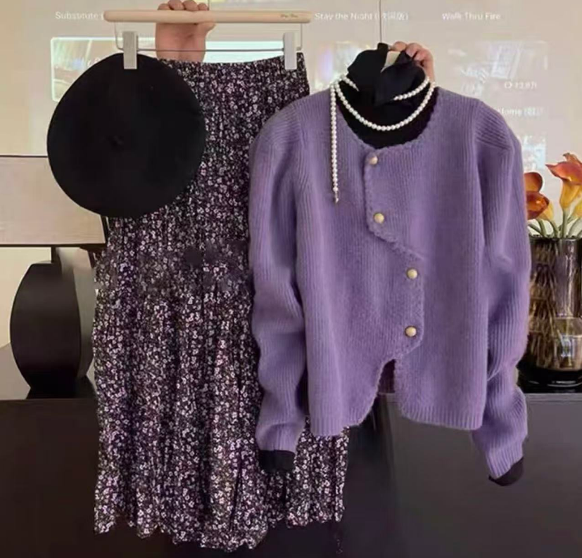 原宿风秋季慵懒风气质开衫时尚套装INS风上衣DY12