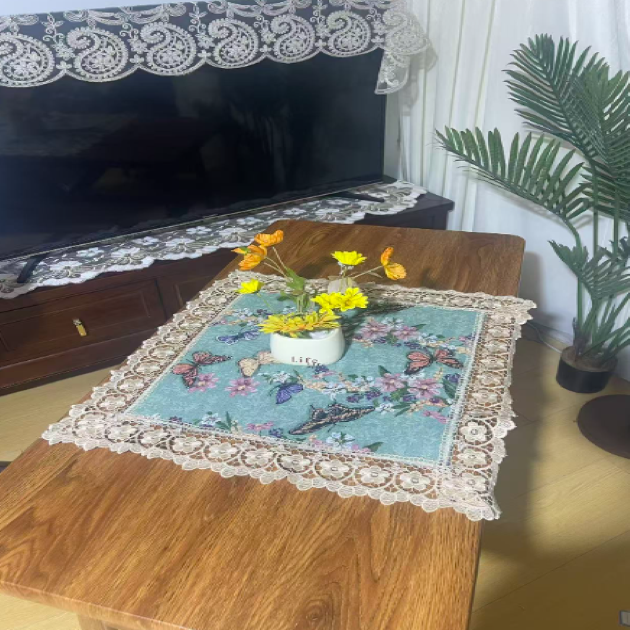 ZN111-3棉麻【60*60】绿蝴蝶水溶花边棉麻交织布桌布