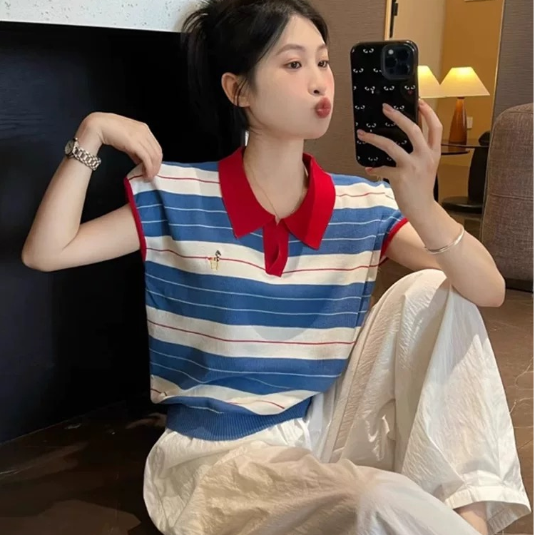 韩系小狗刺绣polo领针织短袖t恤女夏季小个子短款冰丝上衣