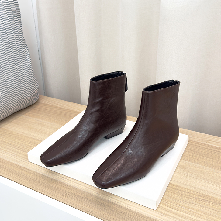 羊皮版~法式气质方头小短靴女款2025新款时尚百搭粗跟瘦瘦靴女靴