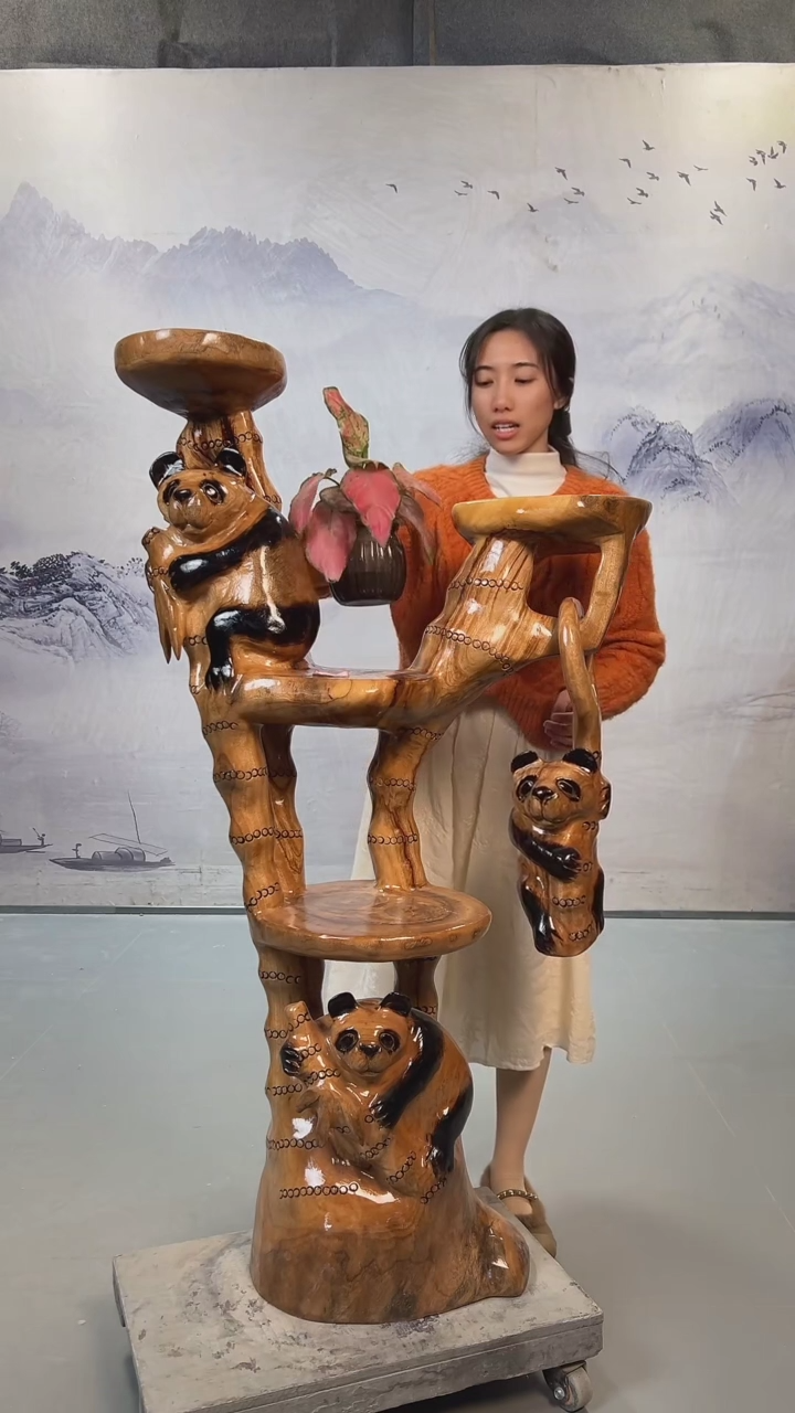 【闪购商品】香樟木香樟木整体无拼接熊猫花架多层次置物架