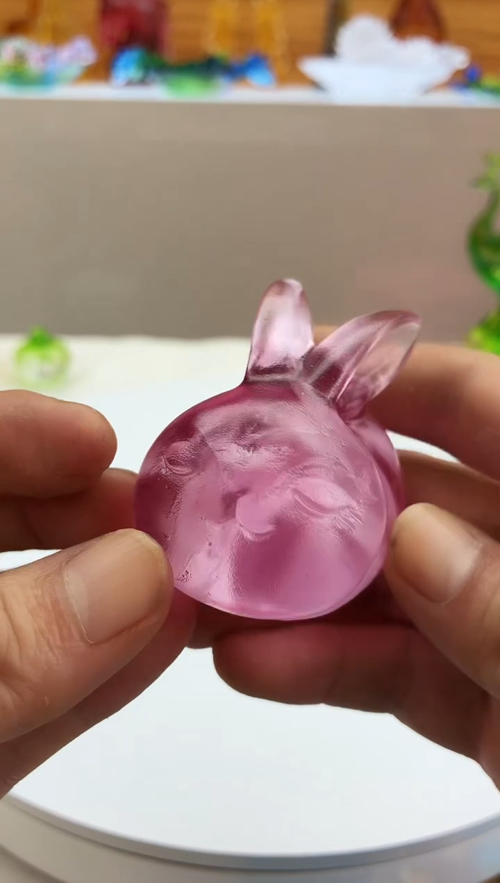 手工艺品琉璃粉色小兔子茶宠摆件【微瑕产品】