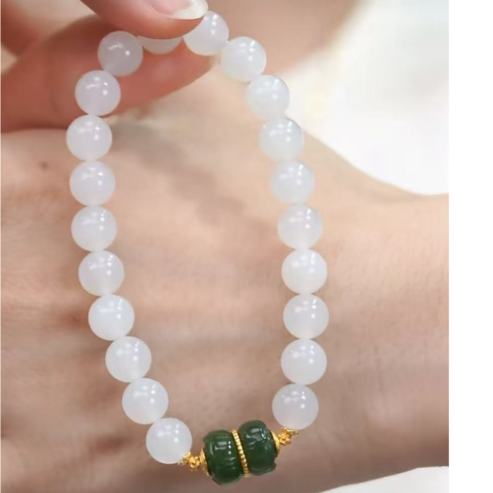 【鹿鸣】18k金和田玉白玉圆珠手串  8mm P168