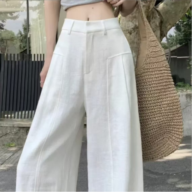 【带内衬+运费险】白色苎麻阔腿女2025夏季薄款高腰垂感麻料长裤