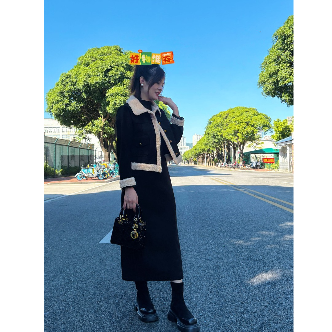 小香风【加绒】套装2025新款爆款黑色短外套半身裙显瘦时尚套装