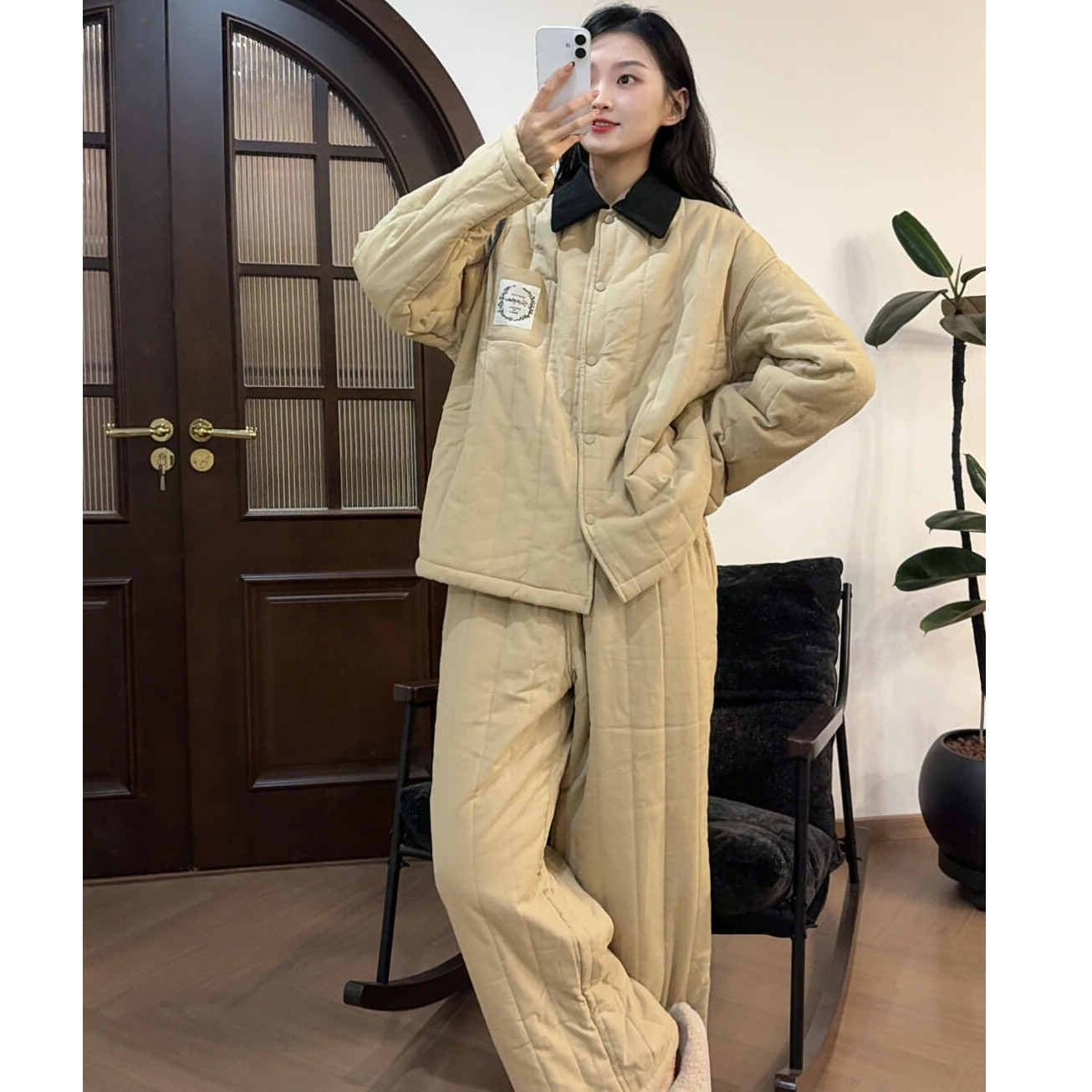 韩系简约高级三层夹棉睡衣女秋冬款棉服加绒加厚家居服套装可外穿