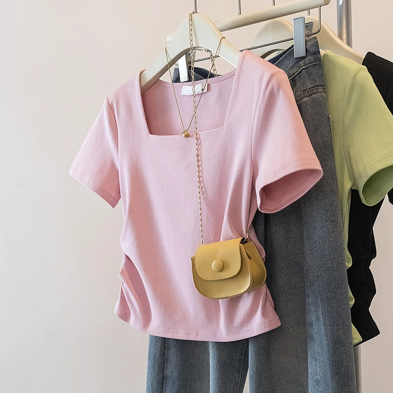 夏季微胖mm大码女装2025年新款百搭方领短袖t恤收腰遮肚显瘦上衣