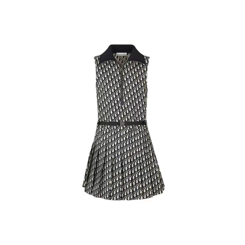 全新未使用 DIOR/迪奥 经典老花提花翻领半拉链无袖连衣裙