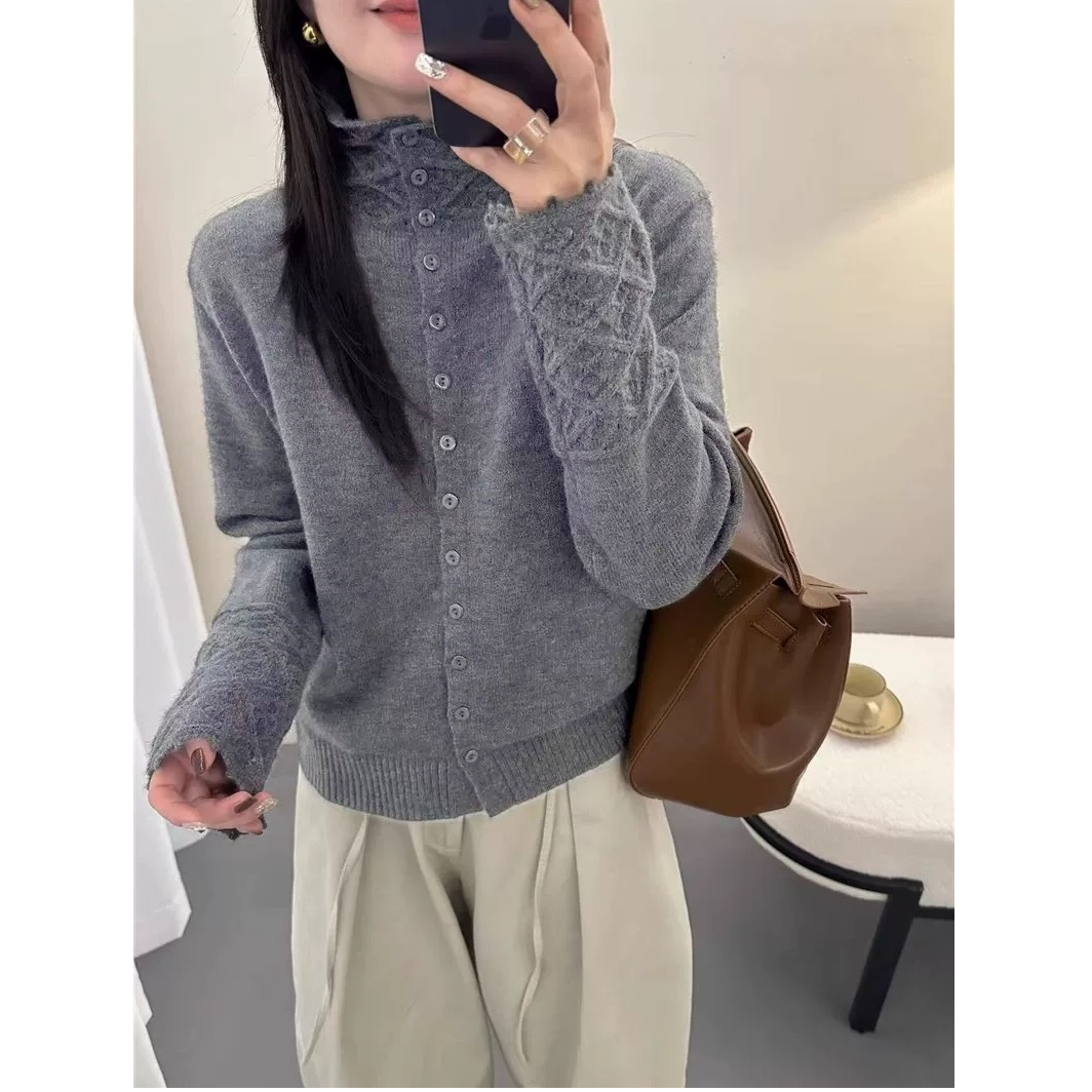 【运费补贴】蕾丝镂空中灰色长袖百搭法式针织衫秋冬开衫女外套宽松