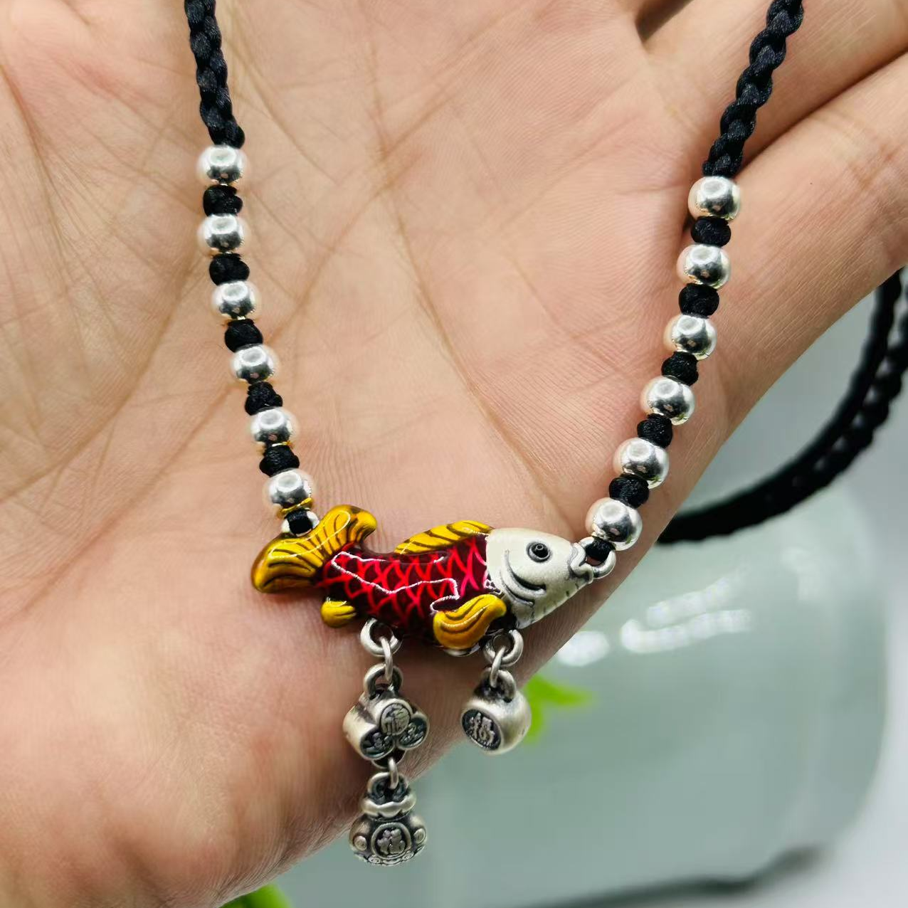 吊坠足银布 足银999红锦鲤原创设计纯手工项链编织时尚可调节